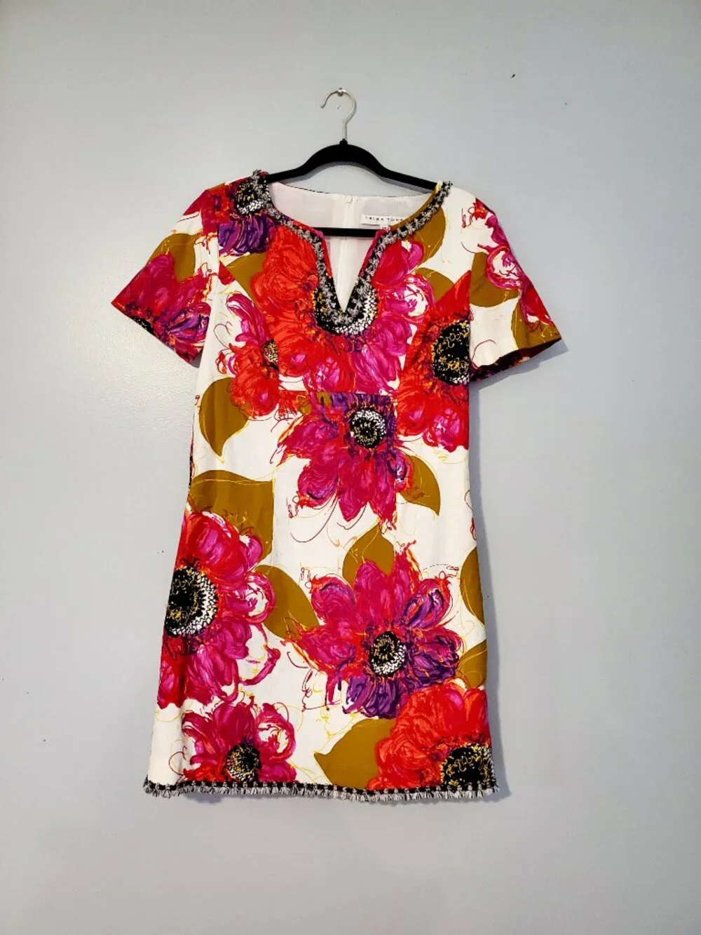 Trina Turk Floral Shift Dress Sz 10 Pink Cotton Fringe Resort Chic Hamptons - Picture 13 of 13